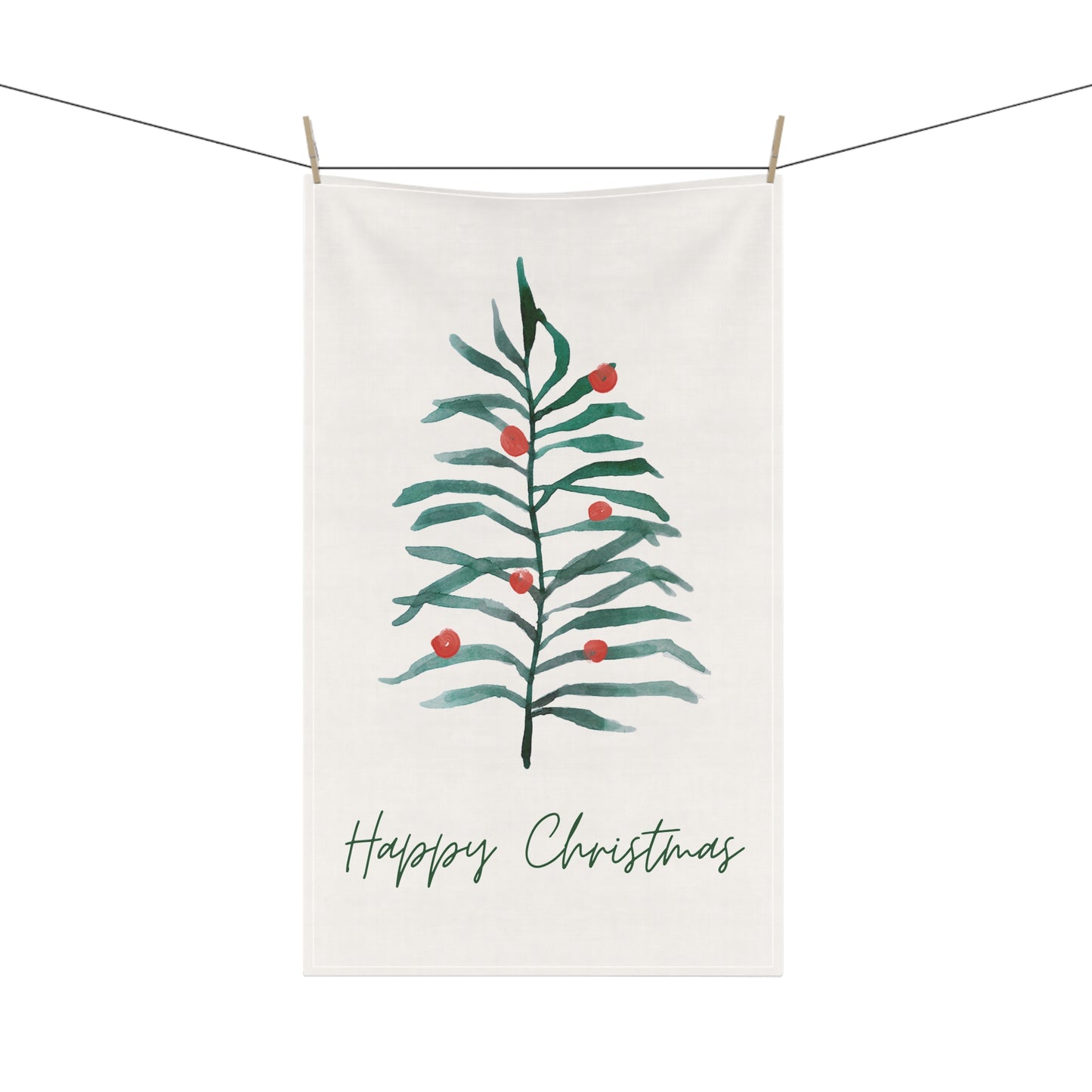 Happy Christmas Watercolors Cotton Twill Tea Towel