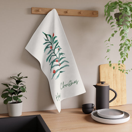 Happy Christmas Watercolors Cotton Twill Tea Towel