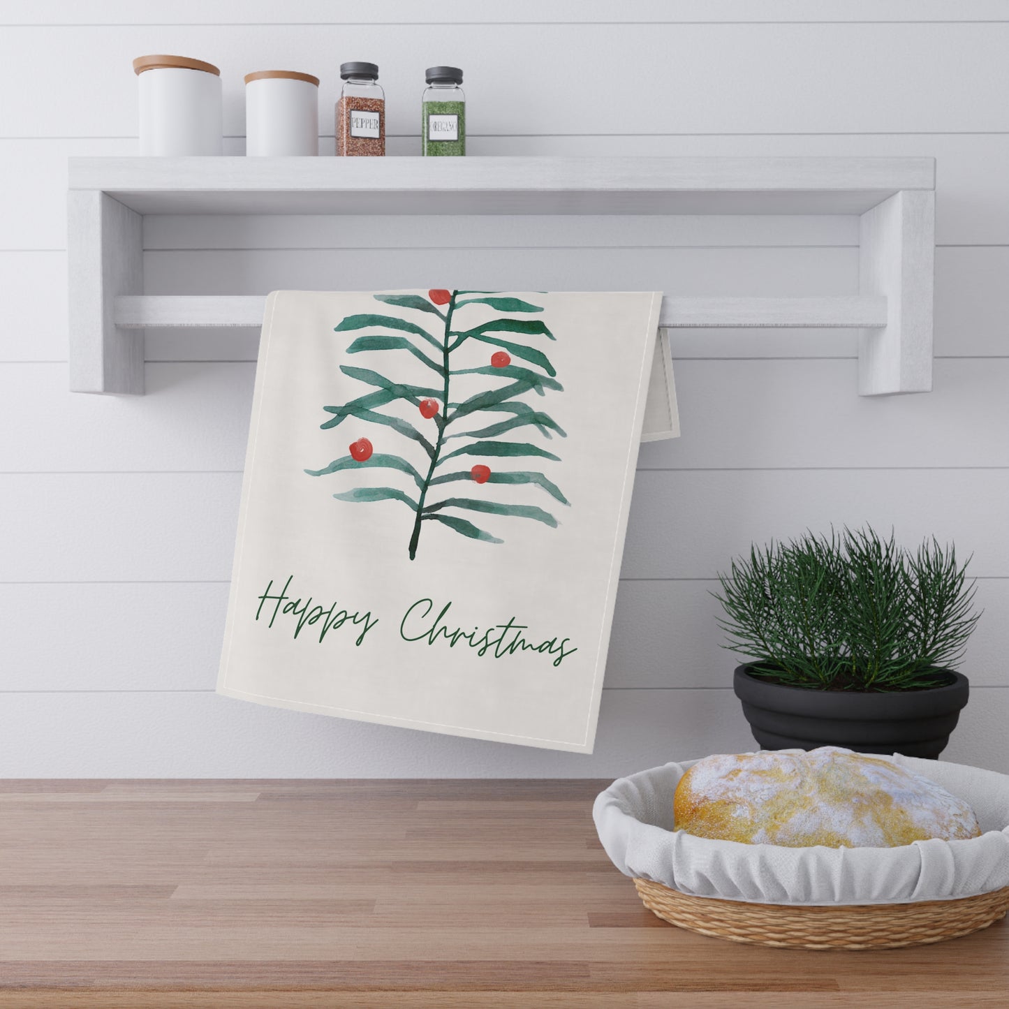 Happy Christmas Watercolors Cotton Twill Tea Towel